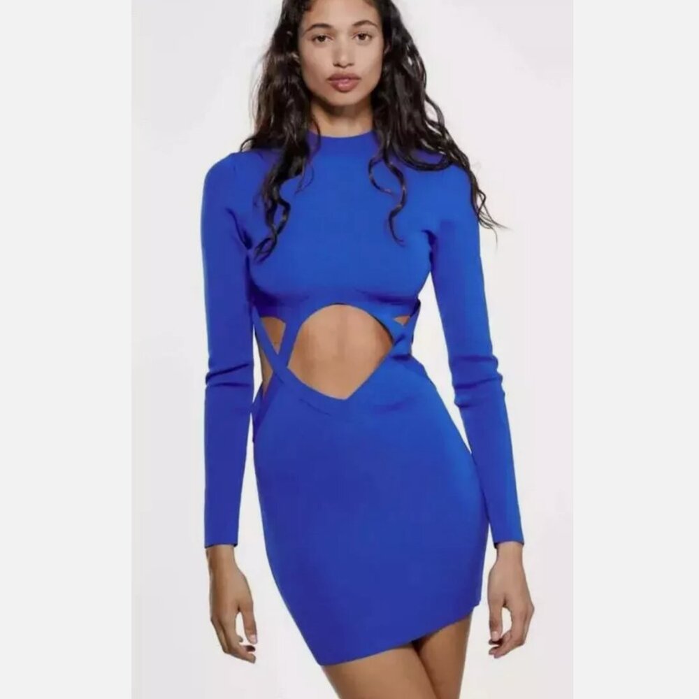 ZARA SHORT CUT-OUT KNIT DRESS BLUISH